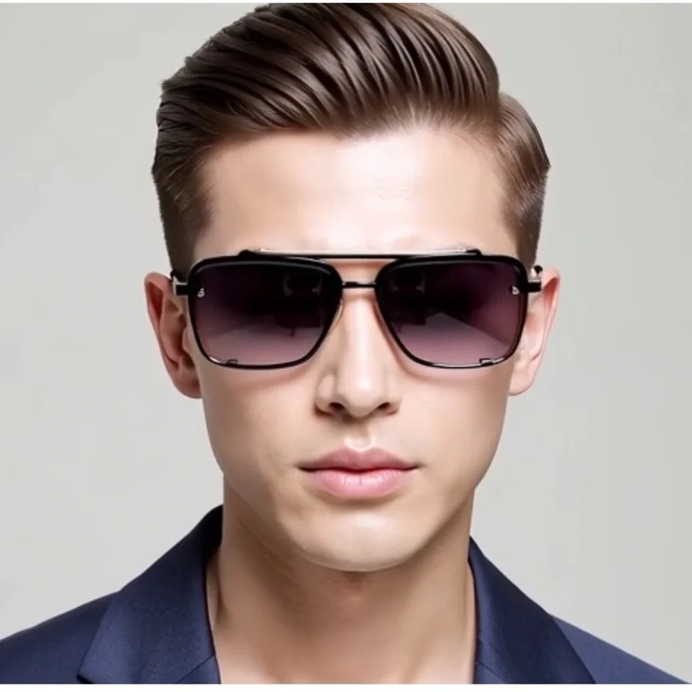 Aviator Sunglasses Men Rectangular Frame Gold‎ Accent Black Shades Classic Retro